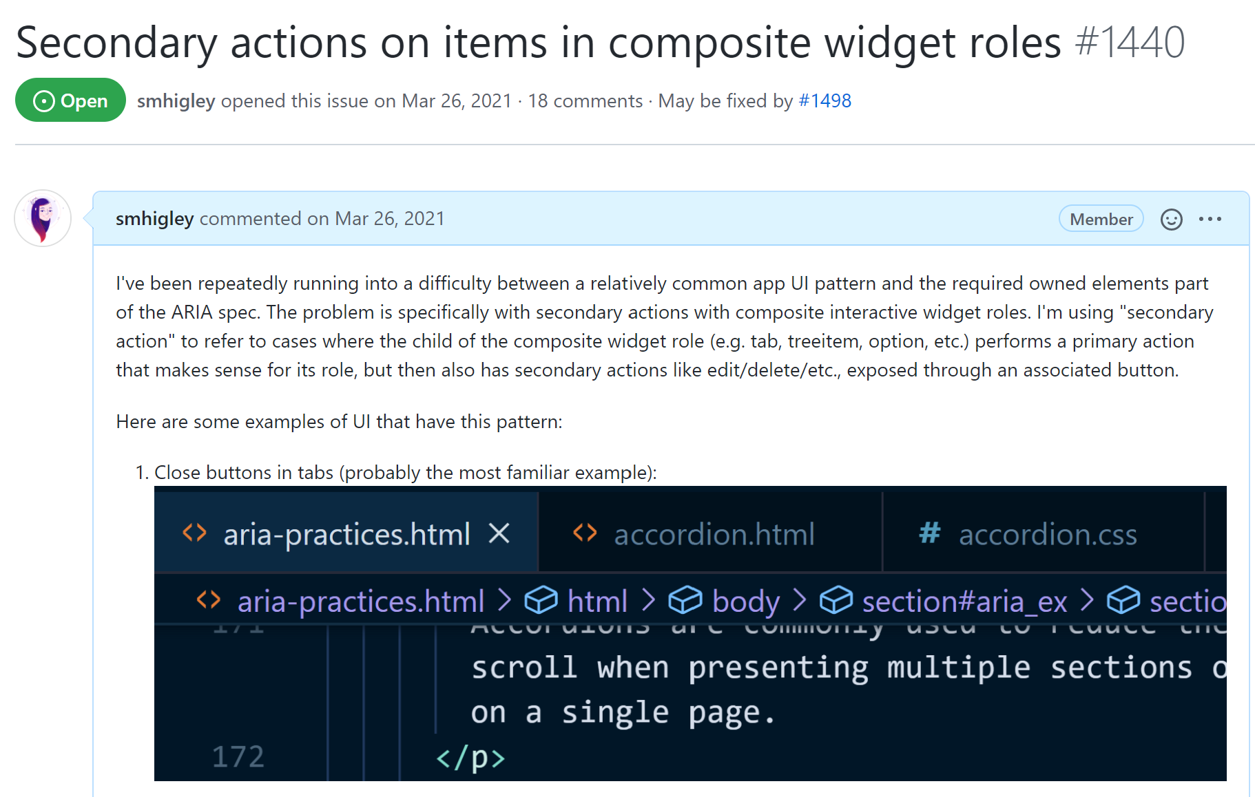 screenshot of a github issue on the ARIA repository for secondary actions on composite issue roles, #1440