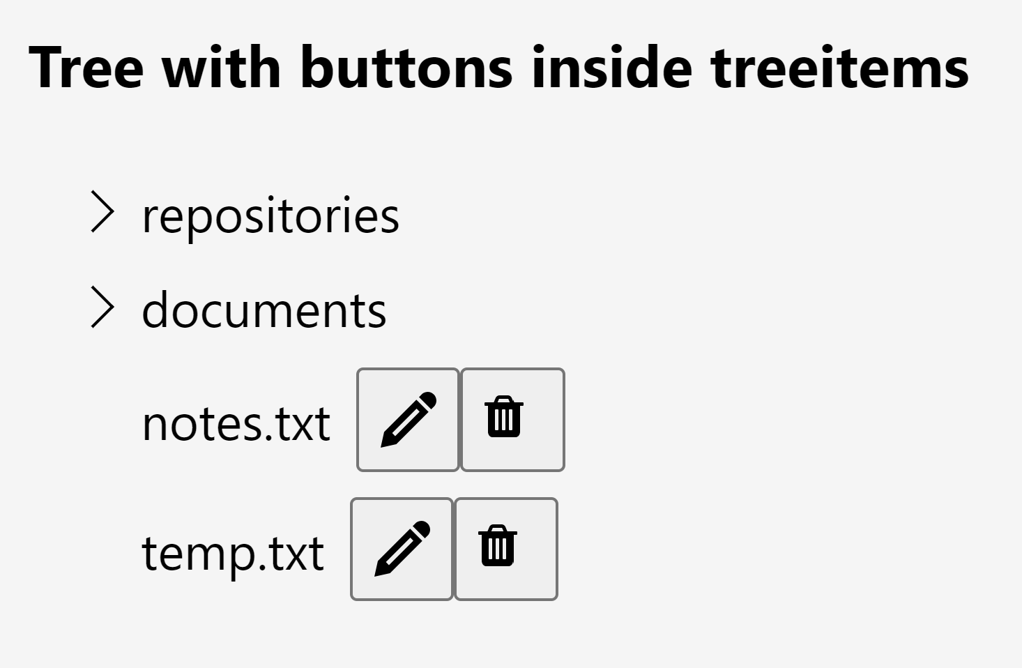 a treeview where each item has an edit and delete button next to the tree item text, with the heading tree with buttons inside treeitems